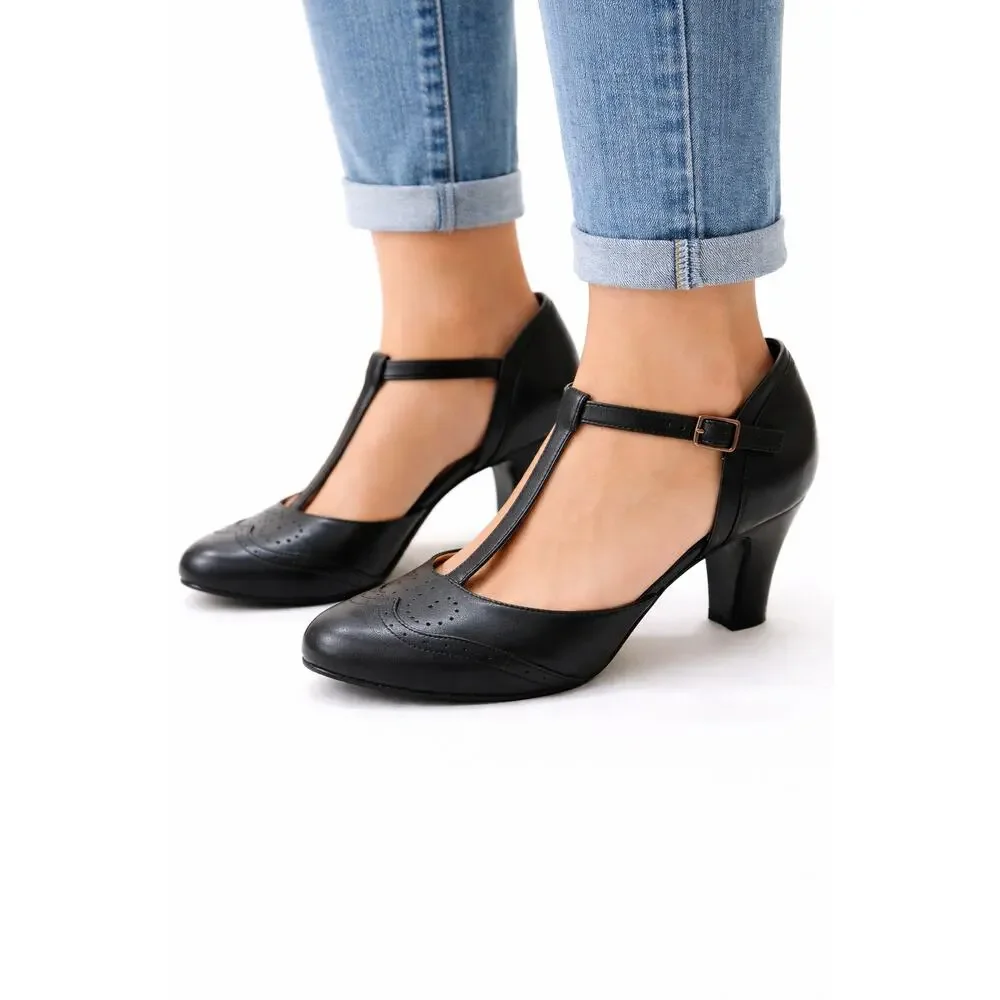 Naturalizer Mary Jane T Strap Heels Womens 9 Black Leather 2.5 Inch - Picture 1 of 8